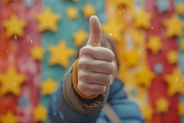 Positive Rating: Thumbs Up with Sparkling Five-Star Backdrop. Concept Emoticons, Customer Feedback, Satisfaction, Quality Service, Five-Star Experience - obrazy, fototapety, plakaty