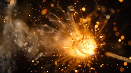 explosive ignition of matchstick with spark shower in the dark