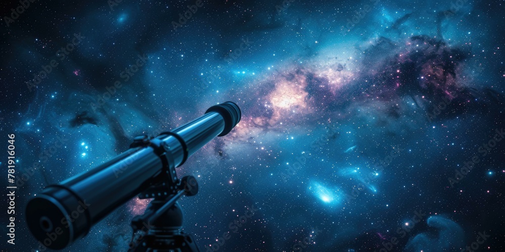 Poster a telescope is pointed at the sky with a galaxy in front of it. ai.