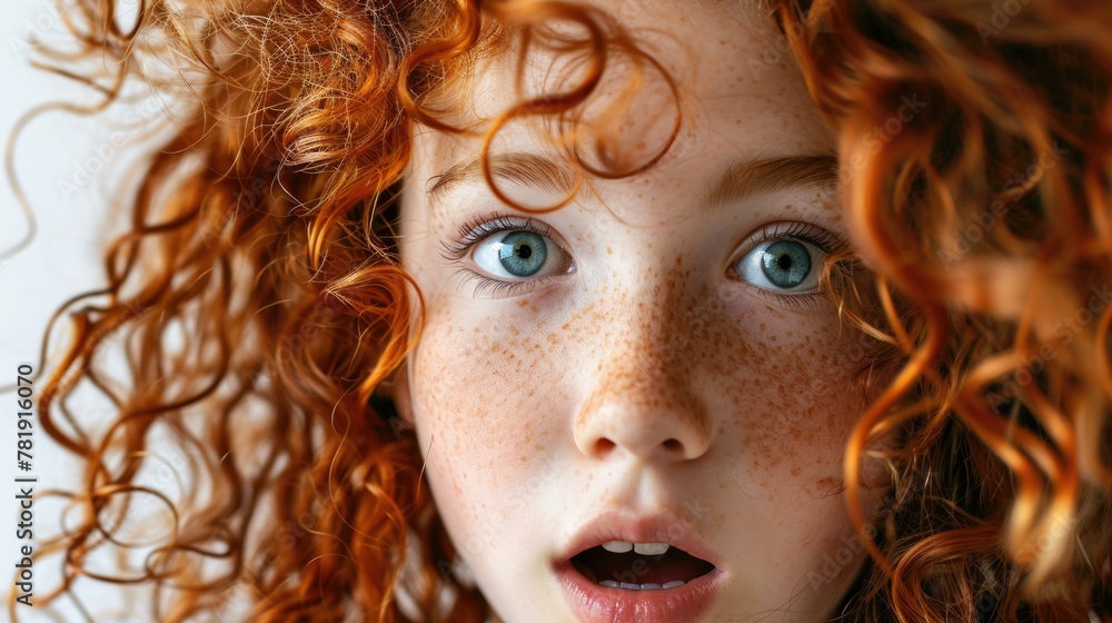 Sticker A close up of a young girl with red hair and freckles. AI.