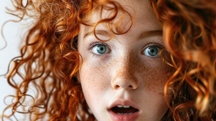 A close up of a young girl with red hair and freckles. AI.