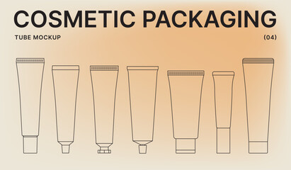 Set of cosmetic tubes isolated on a light background. Tubes for cream or lotion, in linear style. Packaging layout for foundation. Face and body care products.