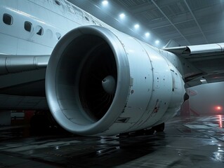 A large airplane engine and propeller in a hangar with lights. AI.