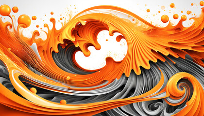 naturally dynamic moving waves of gray tones and orange isolated with drops and splashes swirled full of liveliness and activity, template and backgrounds for bright design 