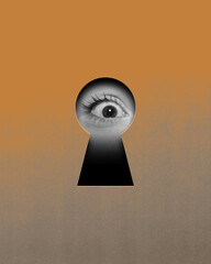 Unlocking hidden truths. Wide open shocked female eye looking into keyhole on gradient orange grey background. Contemporary art. Conceptual design. Concept of creativity, abstract art, imagination