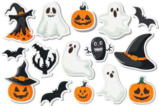 Assorted Halloween stickers, carved pumpkins and witch hats, perfect for festive decor and holiday themes. White background