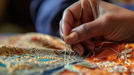 Artisan Embroidering Patterns on Fabric by Hand - obrazy, fototapety, plakaty