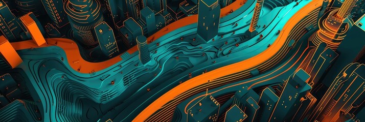 Abstract Tech Cityscape in Vibrant Neon Colors - obrazy, fototapety, plakaty