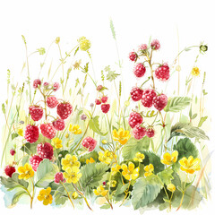 Raspberries in meadow, white background, watercolor illustration.