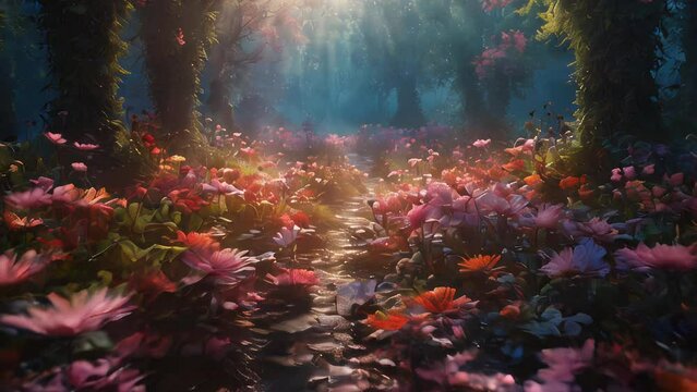 Mystical twilight view of a forest path lined with vibrant flowers and trees, illuminated by soft light beams
