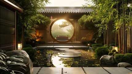 An Asian-inspired villa entrance with a bamboo gate and Zen garden.