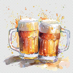 Watercolor beer glasses clipart, vector illustration on transparent background