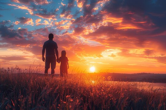 A heartwarming image of a father holding hands with his child, both silhouetted against a vibrant sunset sky
