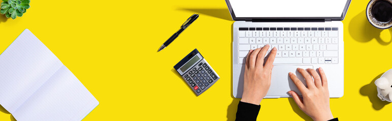 Woman using a laptop computer with a piggy bank and a calculator - 781917432
