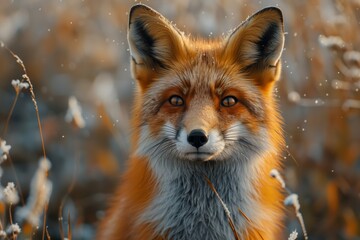 Fototapeta premium Orange fox hidden in autumn grass