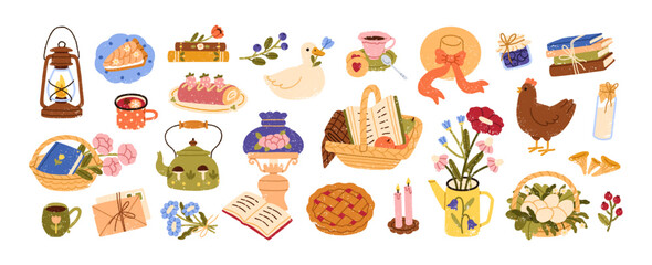Cozy cottagecore set. Cute countryside farm items, sweet pie, cake, cup and teapot, chicken, eggs in basket and flowers. Homey country stuff. Flat vector illustration isolated on white background