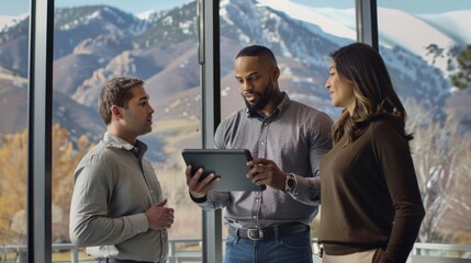 A  project manager, in business casual, using a tablet to explain a complex workflow to an man and a woman, who are engaged and asking questions in a conference room 
