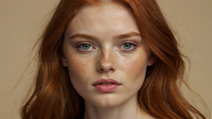 Naklejka premium Amazing woman with natural beauty appearance looking straight on camera, Generative AI