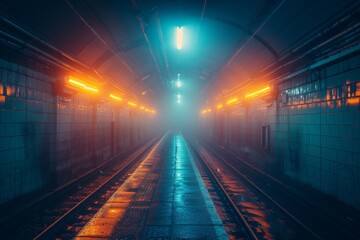 A surreal view of an empty subway station with vibrant neon lights illuminating the eerie space