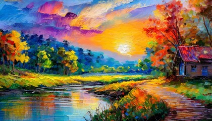 beautiful colorful painting depicting a serene landscape, captured  background art wallpaper 