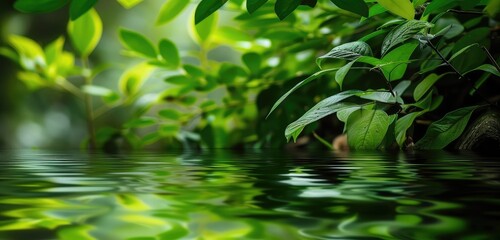 Fototapeta na wymiar Tranquil Green Leaves Reflecting on Calm Water