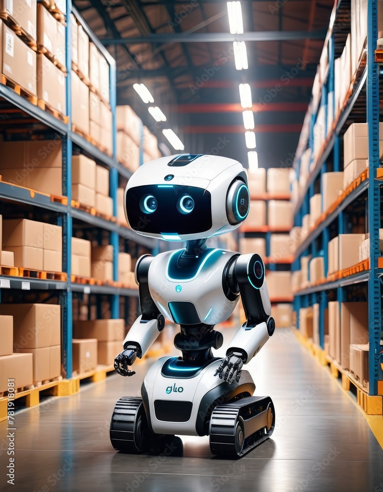 Poster an autonomous service robot traverses the aisle of a modern warehouse, showcasing futuristic logisti