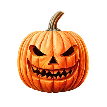 A classic Halloween decoration, a carved orange pumpkin with a jack-o-lantern face isolated on white