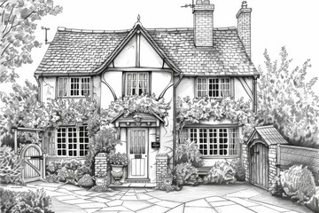 Vintage English House, Coloring Book, Drawing Imitation, Abstract Generative AI Illustration