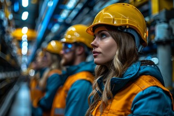 A woman engineer in protective gear deep in thought at an industrial plant with colleagues behind