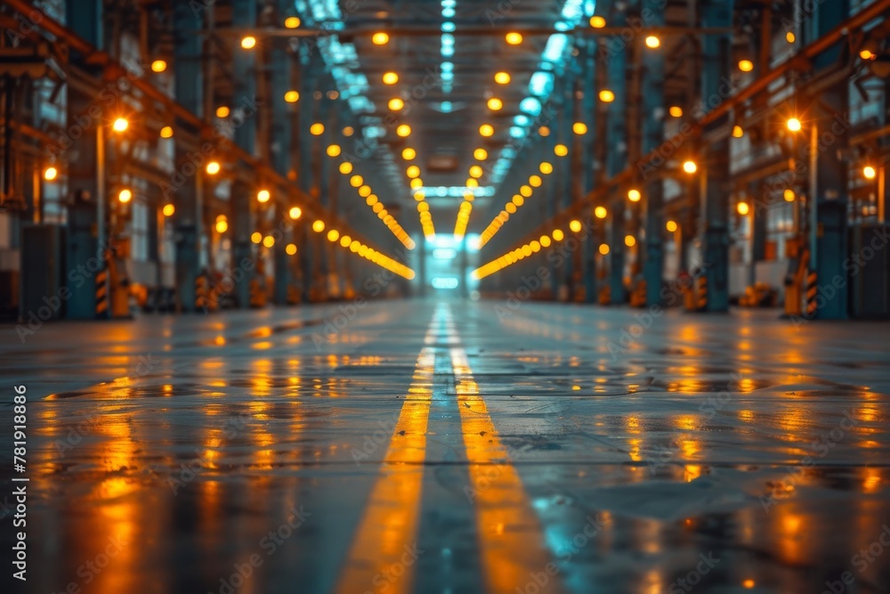 Poster an empty warehouse with a symmetrical perspective, featuring orange lights illuminating the metallic