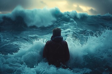 Person facing huge waves during storm - obrazy, fototapety, plakaty