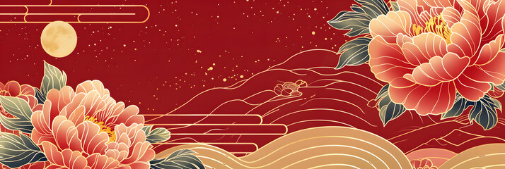 Luxury gold oriental style background vector. Chinese and Japanese wallpaper pattern design of elegant peony flower and moon with gold line texture. Design illustration for decoration, wall decor.