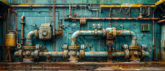 Obraz na płótnie Canvas Array of industrial Pipes in and around Buildings Wallpaper Cover Background Brainstorming