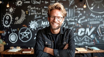 Man With Glasses Standing in Front of Chalkboard