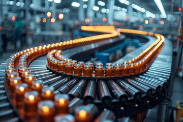 An illuminated conveyor belt system transporting bottles in a beverage production line with golden glow