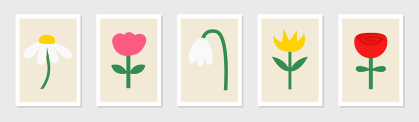 Abstract flower set. Flowers, leaves, plants. Daisy, rose tulip, chamomile, lily of the valley. Childish simple style. Hand drawn posters. Modern floral elements. Flat design. White background Vector