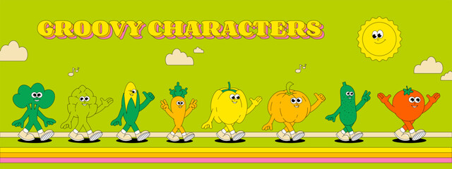 Summer Vegetables. Retro groovy banner. Comic characters carrot, pepper, pumpkin, cucumber and more. Vector illustration.