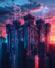Firewall visualized as a digital fortress around sensitive data, twilight, defense in cyberspace, wide angle , Hyper-Realism - obrazy, fototapety, plakaty