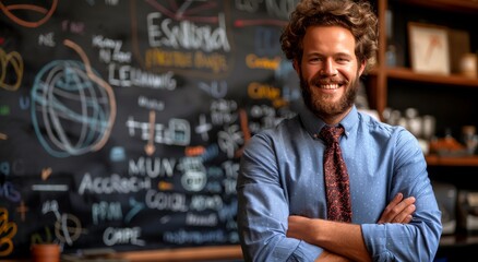 Obraz premium A male teacher Standing in Front of Chalkboard