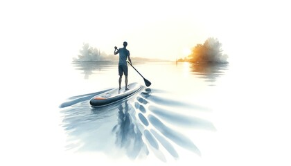 Watercolor paddle board on a calm lake, paddle in motion, serene summer activity, on white. - obrazy, fototapety, plakaty