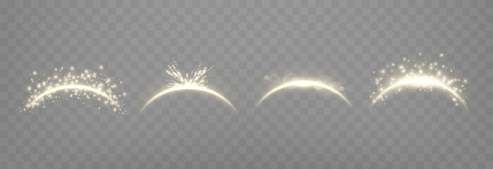 Gold magic arches set, with glowing particles, sunlight lens flare. Neon realistic energy flare arch. Abstract light effect on a transparent background. Vector illustration.