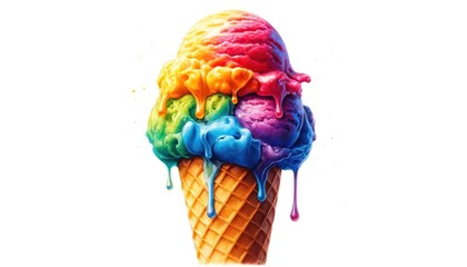 Close-up of a watercolor ice cream cone, melting, rainbow colors, summer treat on white.
