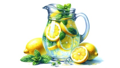 Bright watercolor lemonade pitcher, surrounded by lemons and mint, refreshing summer sip, on white.
