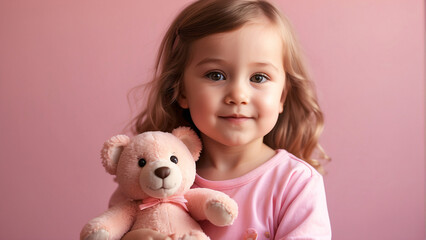 A charming toddler in a pink shirt hugs her teddy bear against a pink backdrop, radiating happiness