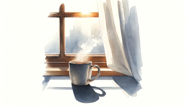 Watercolor coffee mug with steam rising, beside a sunny window, relaxed summer morning on white. 