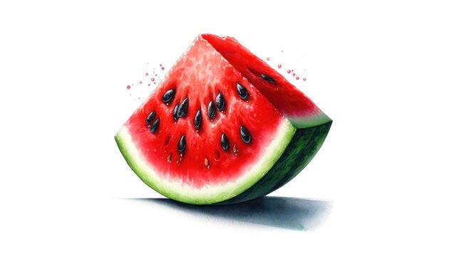 Watercolor slice of watermelon, juicy and vibrant, summer sweetness on white. 
