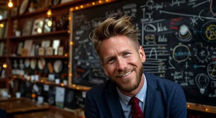 Obraz premium Man in Suit and Tie Sitting in Front of Blackboard