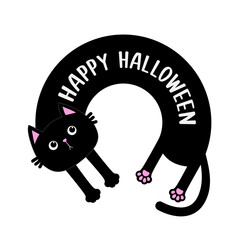 Happy Halloween. Cute round circle shape laying kitten. Kawaii chilling black kitty head face, pink paw print. Long body cat. Cartoon baby pet character. Flat design. White background. Vector