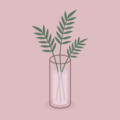 Green leaf flower bouquet set in vase. Flowers, plant leaves. Glass vases with water. Ceramic Pottery decoration. Line doodle. Aesthetics modern style. Flat design. Pink background Vector illustration