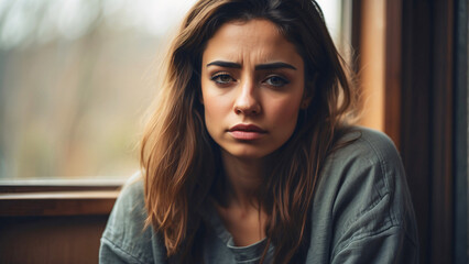 Fototapeta premium A contemplative young woman gazes out a window, displaying a hint of sadness or thoughtfulness